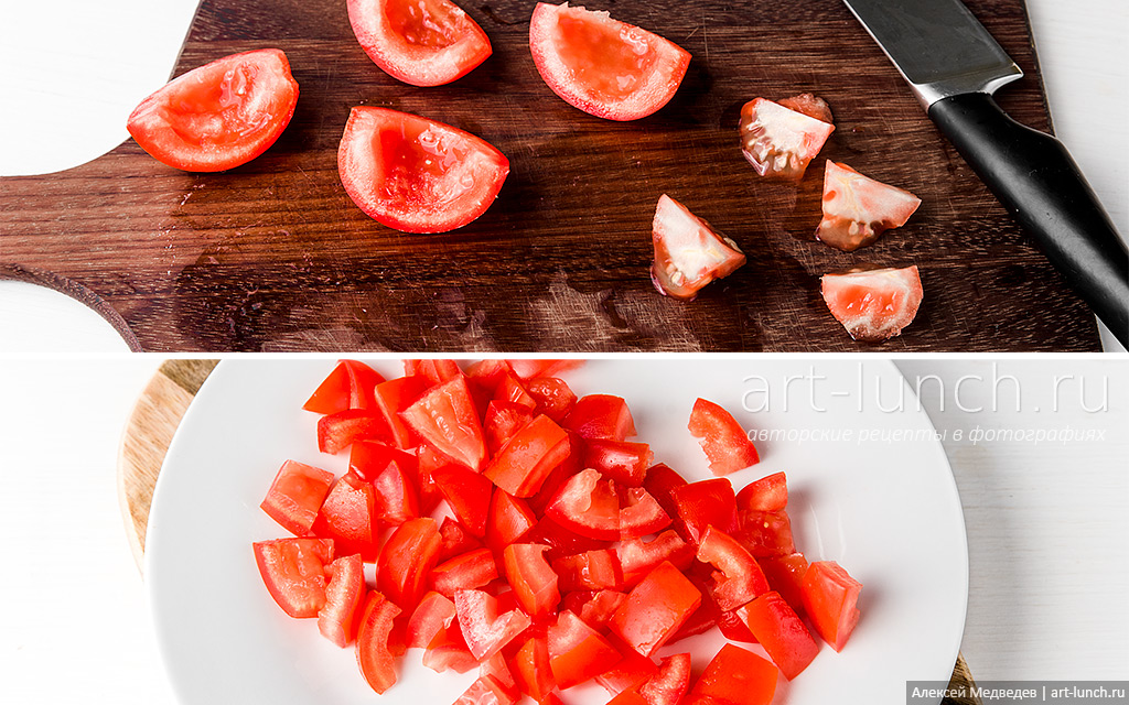 Фото приготовления омлета с кабачками, шаг 3 Помидоры нарезаем на четвертинки