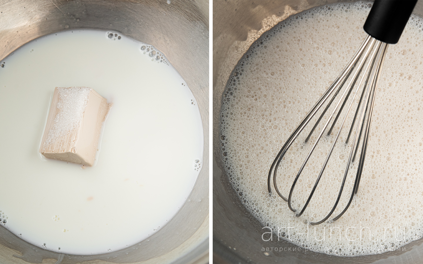 Разогреваем молоко до температуры 30-40°С, наливаем его в большую миску, добавляем живые дрожжи