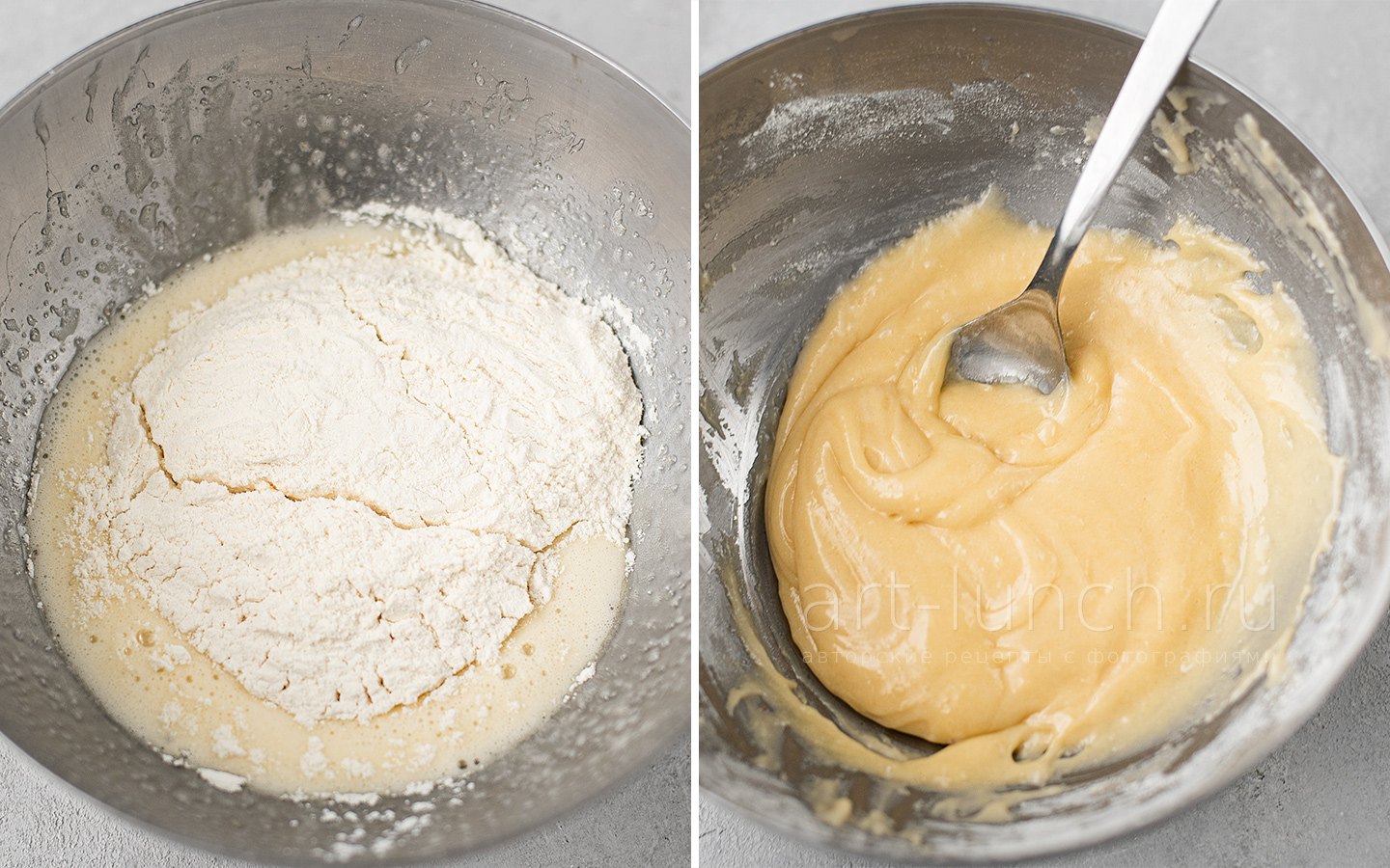 Фото приготовления печенья с гранолой, шаг 5 Добавляем сухую часть теста в жидкую и перемешиваем