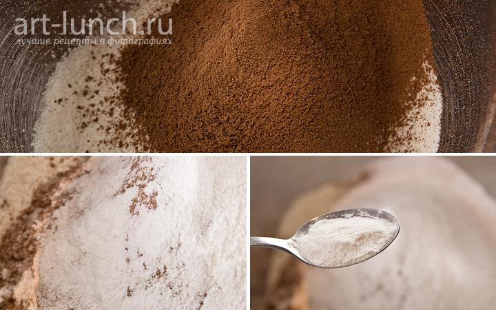 Фото приготовления шоколадного печенья с вишней - шаг 2 Добавляем какао, сахарную пудру, соль и разрыхлитель